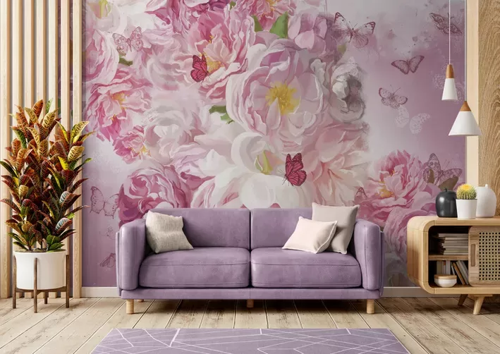 Fototapete: Peonijas Un Lidojoši Taureņi